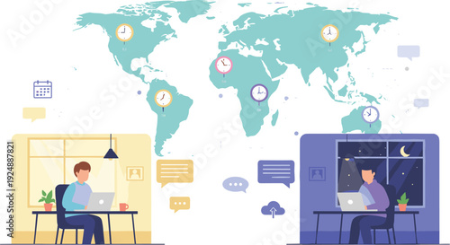 Remote work across time zones concept, global online communication, virtual office collaboration, international digital teamwork connection, flat vector illustration