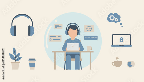 Remote work focus concept illustration, work from home productivity and do not disturb digital lifestyle design