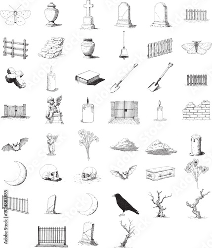 Hand Drawn Graveyard and Gothic Cemetery Sketch Collection