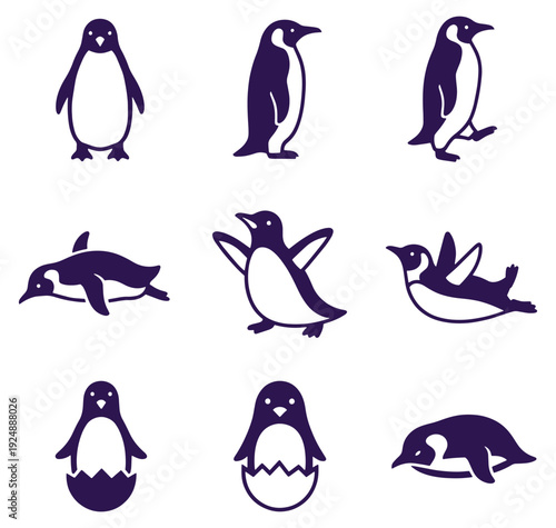 Collection of various penguin silhouettes and one dolphin silhouette on white background