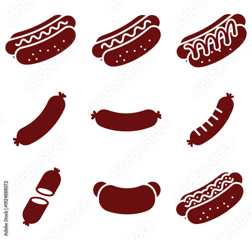 Collection of various sausage and hot dog icons on white background