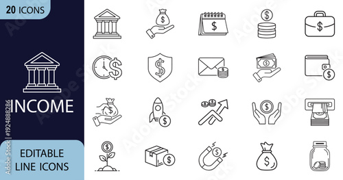 Income web line art icon set. Money savings, finance, growth, investment, payment, earnings, management collection. Vector illustration.
