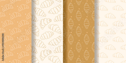 Set of linear seamless patterns with croissants. Backgrounds with silhouettes of French puff pastries. Collection of prints for packaging, paper, covers and coffee shop or bakery design. Vector graphi