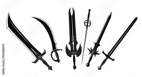A collection of various fantasy swords and bladed weapons in black