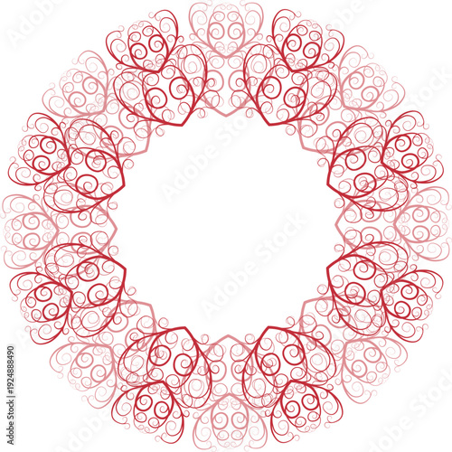 Elegant red ornamental wreath with intricate swirling hearts and floral filigree. Romantic circular frame perfect for wedding invitations, Valentine’s Day cards, branding, and luxury decor designs.