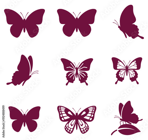 Nine different maroon butterfly silhouettes on white background