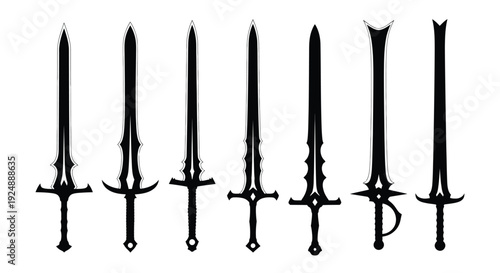 A collection of various medieval swords displayed in a simple silhouette style