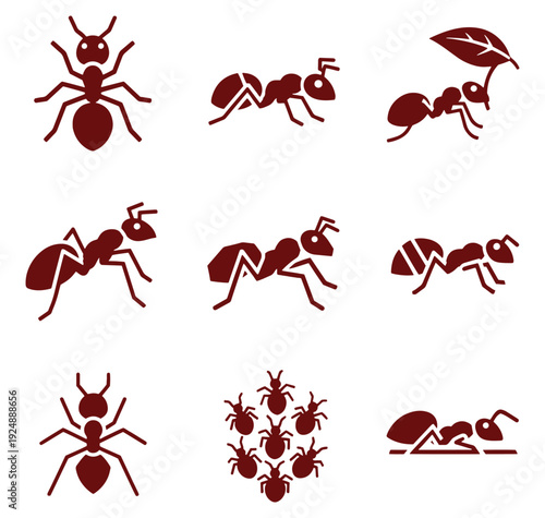 red ant icons in various poses on white background