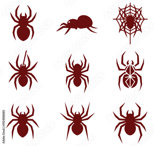 red spider silhouettes and a spider web on white background