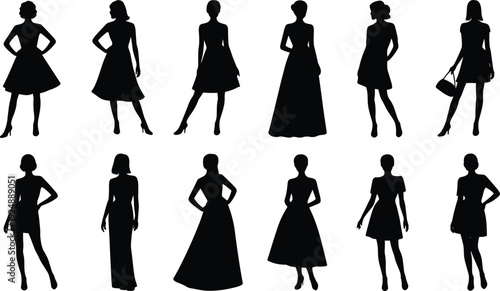 Collection of elegant women silhouettes in various dress poses isolated on white background, female fashion models set, stylish lady vector illustration