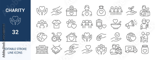 Charity and Donation Line Icon Set. NGO, Volunteer, Fundraising, Support and Humanitarian Aid Icons.