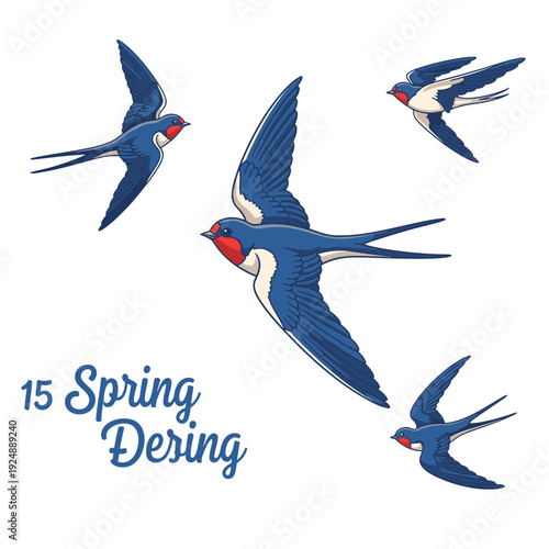 Four blue and white birds flying in formation with red heads on white background for spring decor