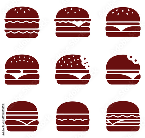 set of red burger icons on white background
