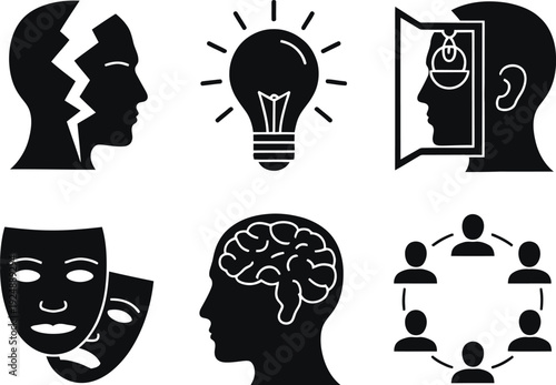 A collection of black and white icons representing mental health concepts