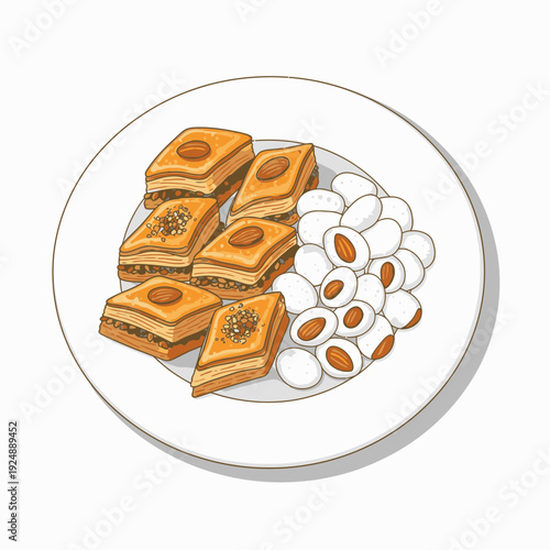 Delicious baklava dessert with almonds on a white plate