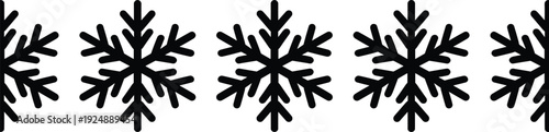 Snowflake silhouette border pattern isolated on white background, black winter ornament design element, decorative Christmas frost icon vector illustration