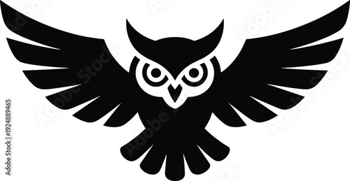 Stylized owl silhouette with spread wings isolated on white background, black bird logo design, nocturnal wildlife emblem vector illustration icon