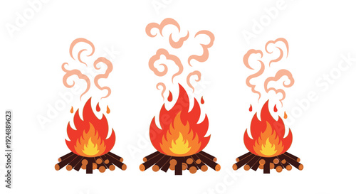 Three burning campfires with smoke on white background wood logs ablaze with vibrant orange and yellow flames