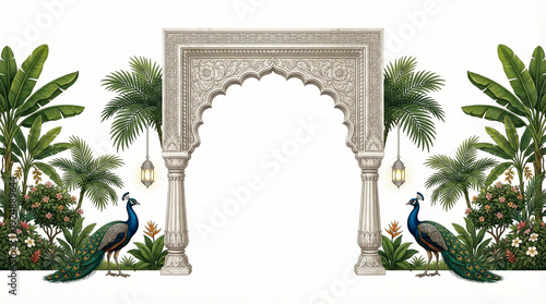 Tropical Mughal Garden Arch Frame With Peacock And Lush Palm Plants For Exotic Wedding Invitation Background, Traditional Indian Decorative Entrance Isolated On White, Elegant Vintage Vector Illustrat