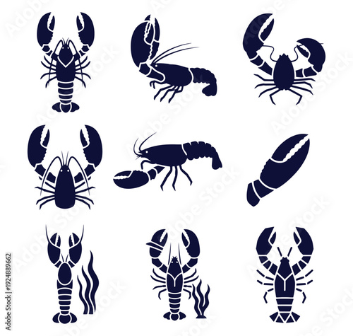 Silhouette illustrations of lobsters in various poses and views  seafood icons