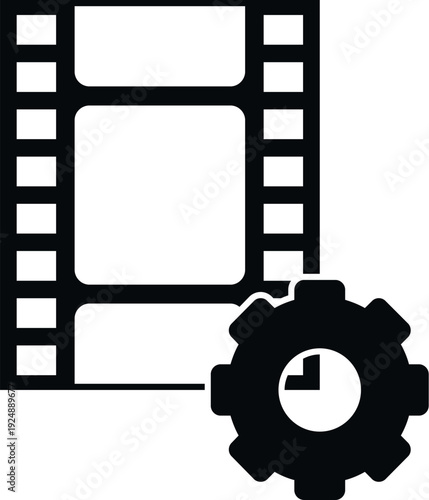 Film strip icon and gear with a clock for video editing or production settings and timing