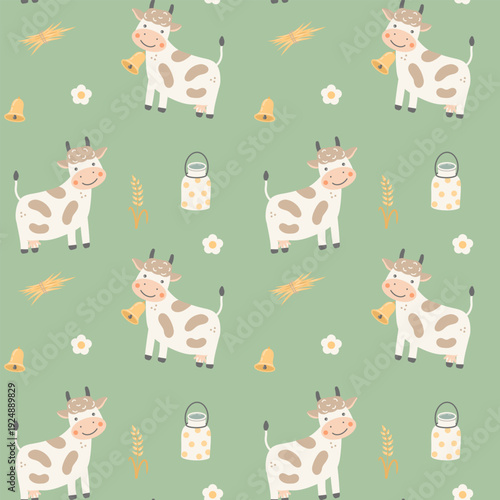 Cute Farm Cow Seamless Pattern with Milk Can, Wheat and Bell on Green Background – Baby Farm Animals Spring Textile Design