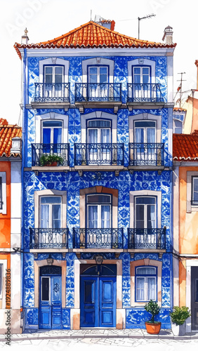 Watercolor blue azulejo townhouse facade with balconies and terracotta roof
