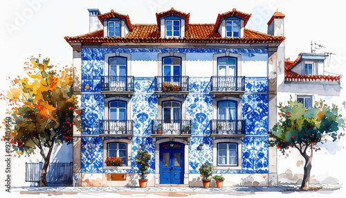 Watercolor Portuguese azulejo house facade with balconies and orange roof