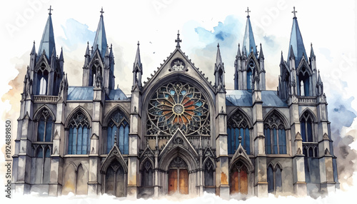 Watercolor gothic cathedral facade with rose window and twin spires