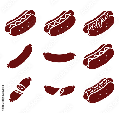 Various hot dog and sausage icons on white background