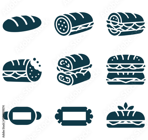 Various types of sandwiches and bread icons in a single image