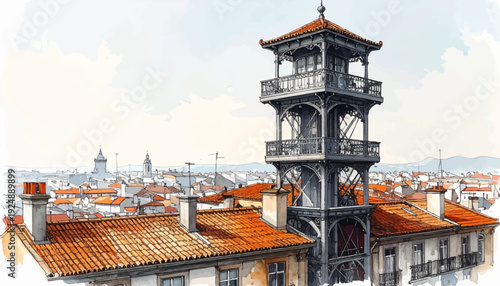 Lisbon rooftop elevator tower watercolor illustration with historic cityscape