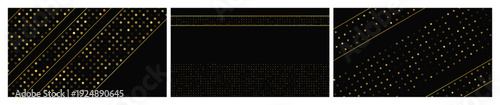 Set of dark backgrounds with golden lines and glittering dots