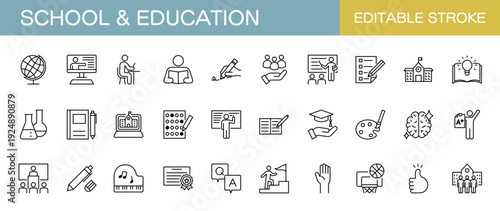 学校と教育に関するラインアイコンセット（線幅変更可能）