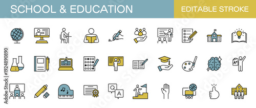 学校と教育に関するラインアイコンセット（線幅変更可能・カラー）