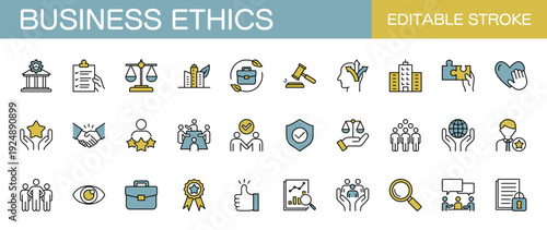 企業倫理とコンプライアンスのラインアイコンセット（線幅変更可能・カラー）