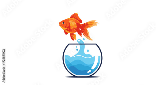 Goldfish jumping out of a fishbowl symbolizing freedom and escape with a white background