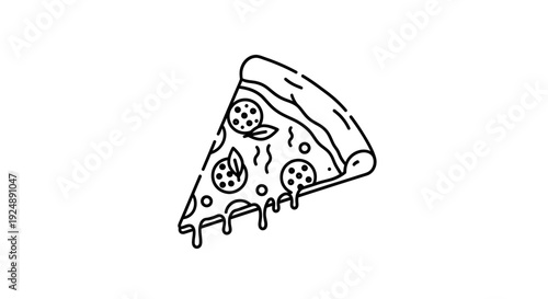 Hand-drawn slice of pepperoni pizza with dripping cheese and basil, isolated on white background.