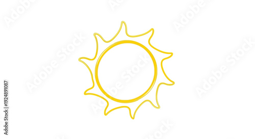 Hand-drawn yellow sun icon with rays on white background, simple doodle art, summer symbol