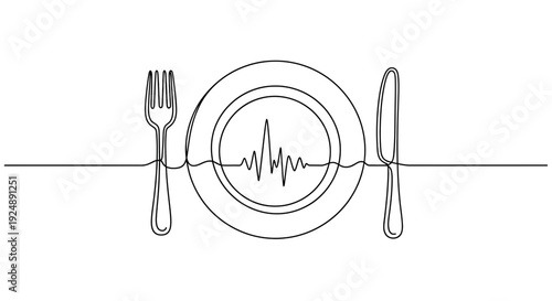 Healthy Eating Concept: Plate with Heartbeat Line, Fork and Knife, Continuous Line Drawing