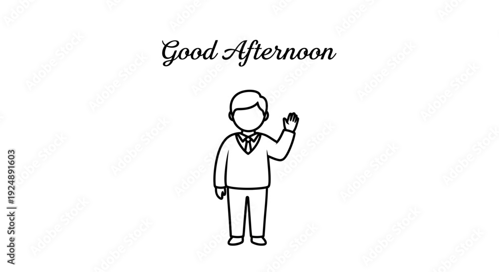 Fototapeta premium Good Afternoon Greeting: Man Waving Hello in Simple Line Art Style