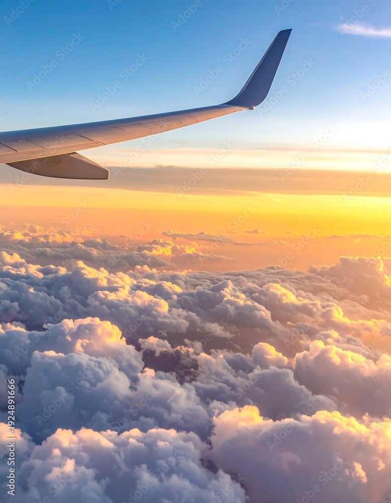 Obraz premium A serene view from an airplane window showing clouds and sunset