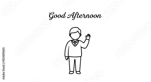 Good Afternoon Greeting: Man Waving Hello in Simple Line Art Style
