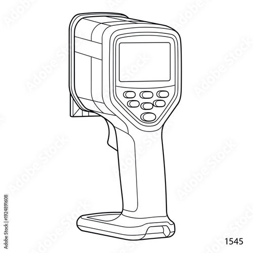 Thermal imaging camera line art vector, handheld infrared thermography device illustration, industrial heat detection scanner icon for technical manuals