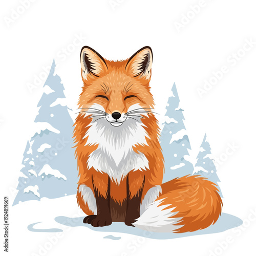 Cute Fox Smiling in Snowy Winter Forest - Adorable Animal Illustration