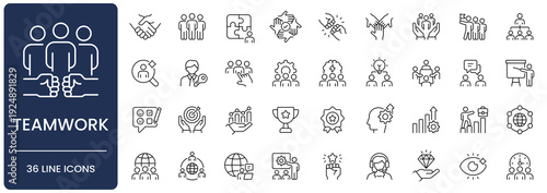 Teamwork Line Icon Set. Collection of collaboration, partnership, cooperation, team, unity, connection, business, handshake, community, group, meeting, Outline, Editable Stroke, Vector illustration.