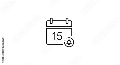 Calendar Icon with Notification Bell Reminder, Date 15, Simple Line Art