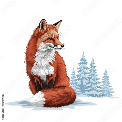 Red Fox Sitting in Snowy Winter Forest Landscape