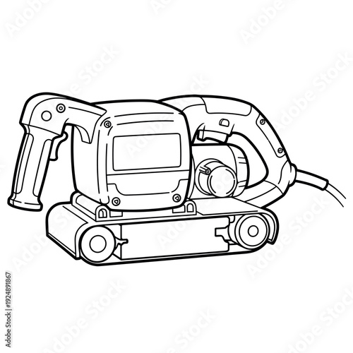 Electric belt sander vector illustration, handheld power tool for woodworking and carpentry, professional sanding machine line art icon