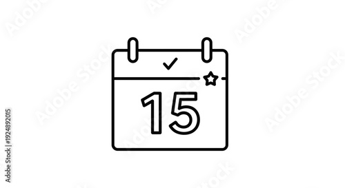 Calendar Icon with Number 15, Check Mark and Star - Simple Line Art